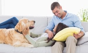 young couple and dog on couch